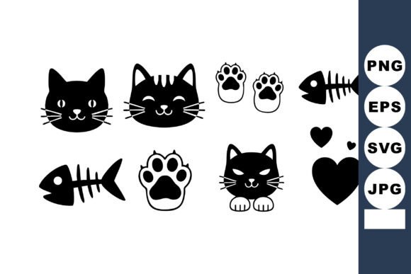 Black Cat Faces Paws Vector Set Review