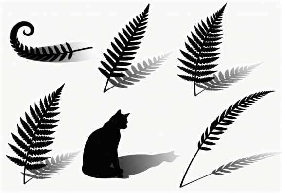 Black Cat Fern Silhouette Vector Art