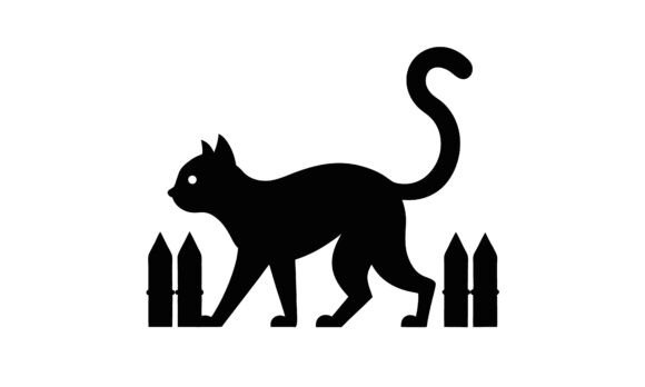 Black Cat Silhouette Walking by Fence