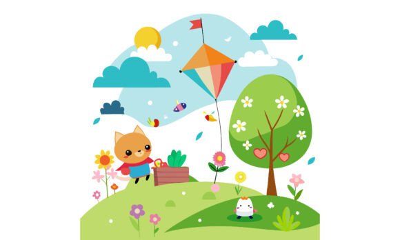 Cartoon Scene with Cat and Kite