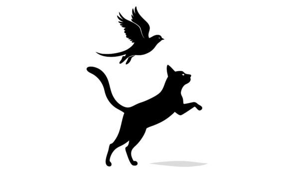 Cat Chasing Bird Silhouette Illustration